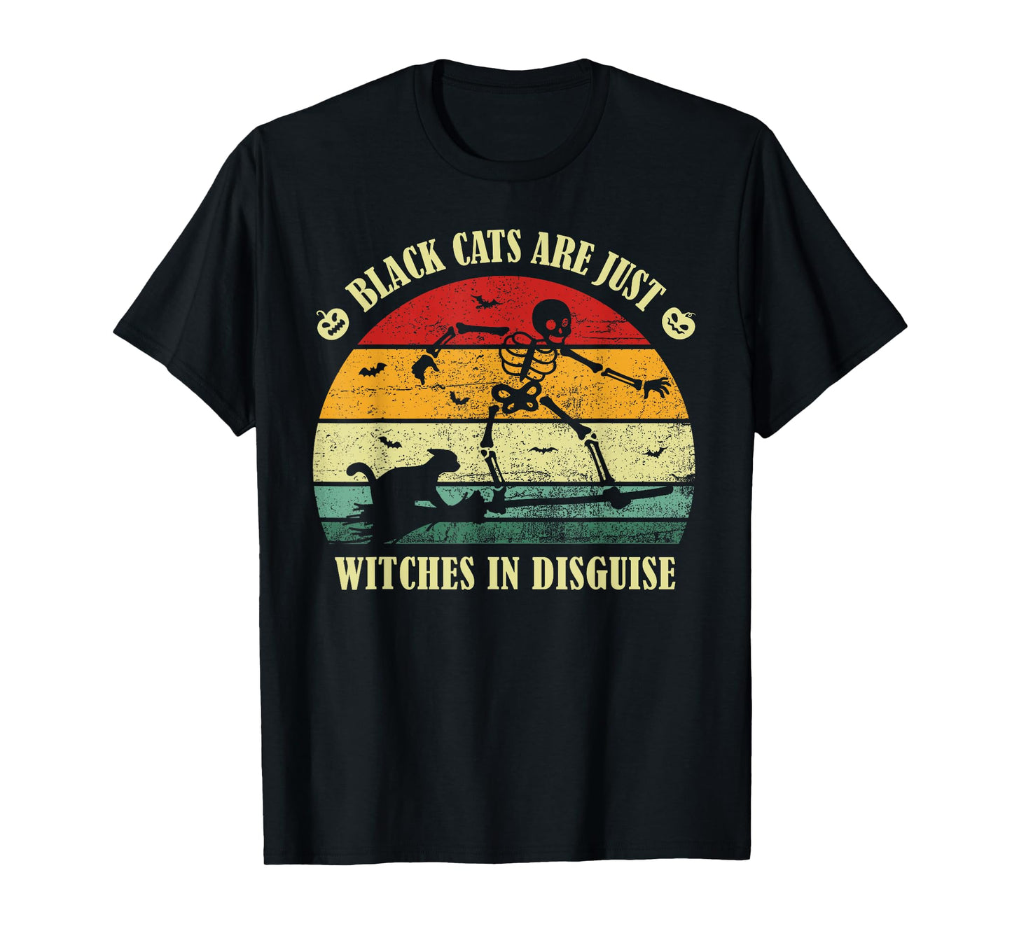 Skeleton Black Cat Surfing Witch Broom Halloween Pet Mom Dad T-Shirt