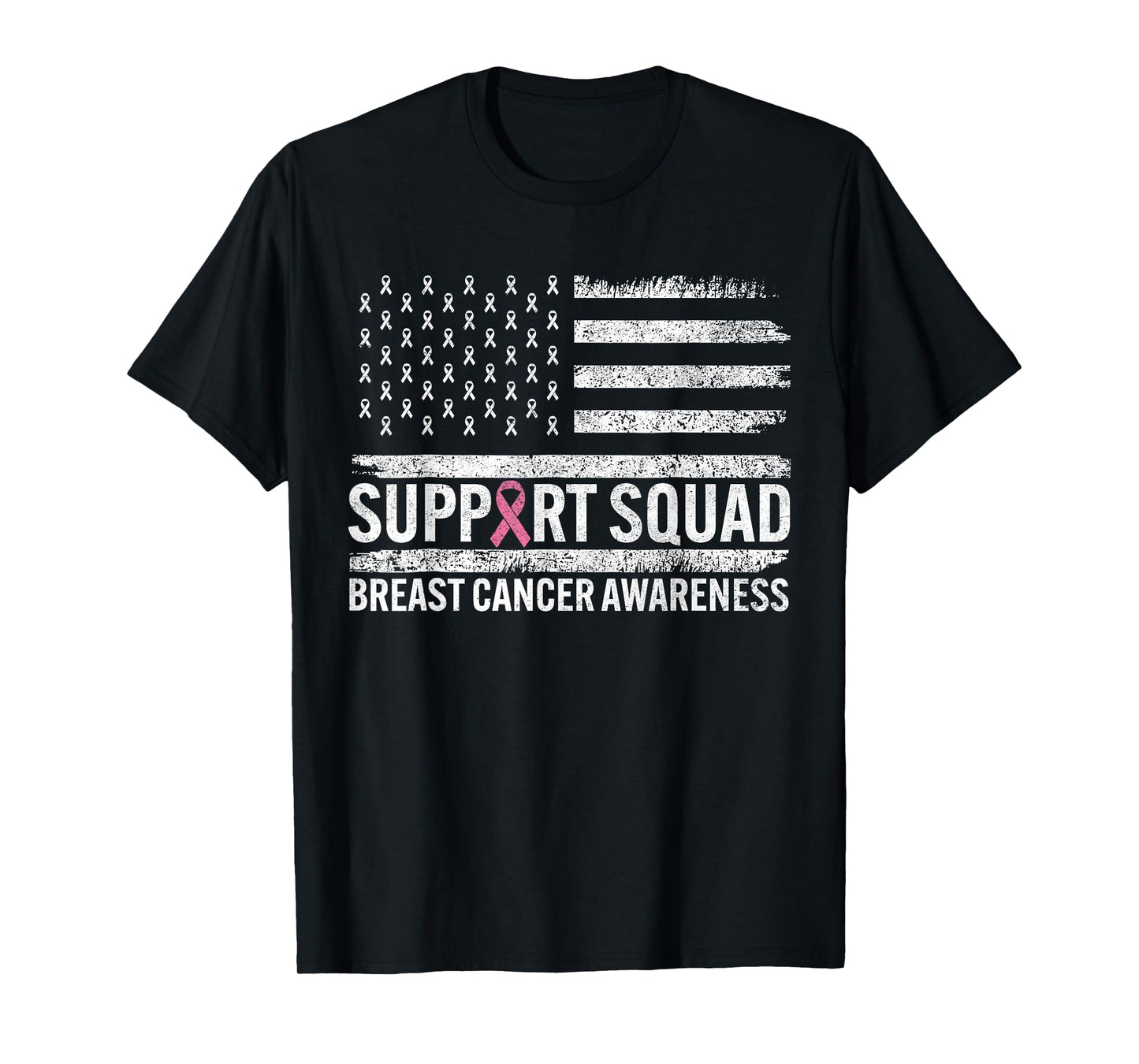 Breast Cancer Support Squad Pink Ribbon Retro American Flag T-Shirt