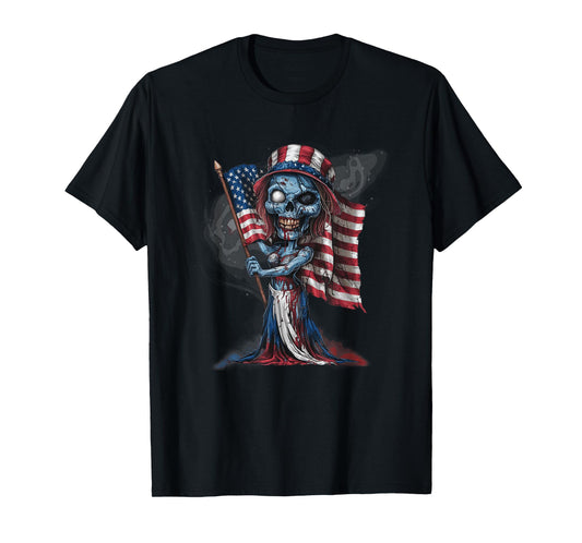 Patriotic Skeleton Halloween American Flag Gothic Horror T-Shirt