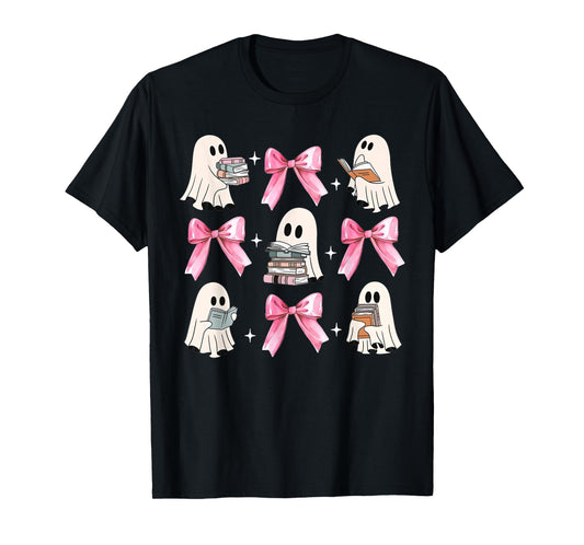 Little Pink Bow Ghost Reading Books Halloween Coquette Book T-Shirt