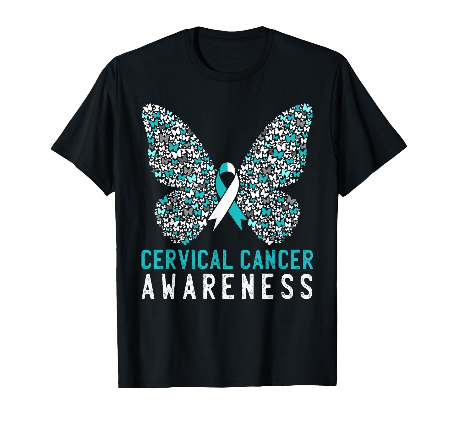 Butterfly Cervical Cancer Awareness Month White Teal Ribbon T-Shirt