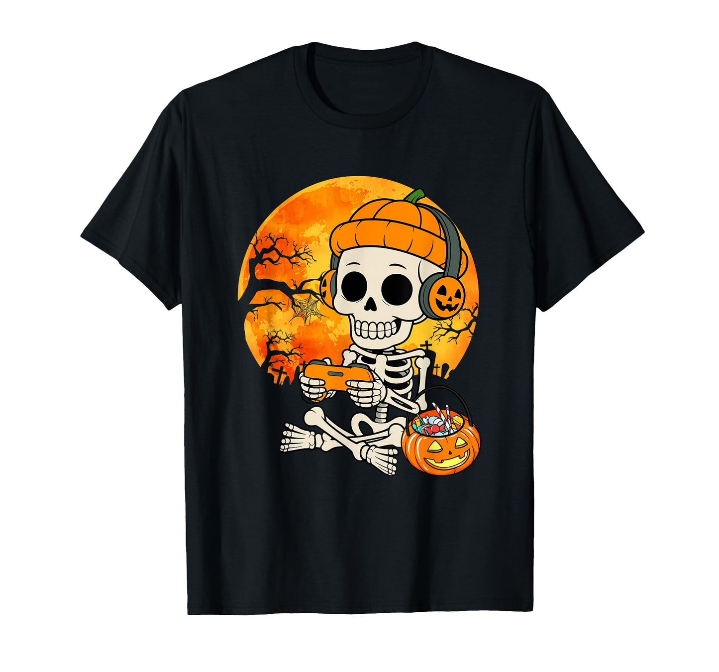 Gamer Spooky Skeleton Gaming Video Games Halloween Boys T-Shirt