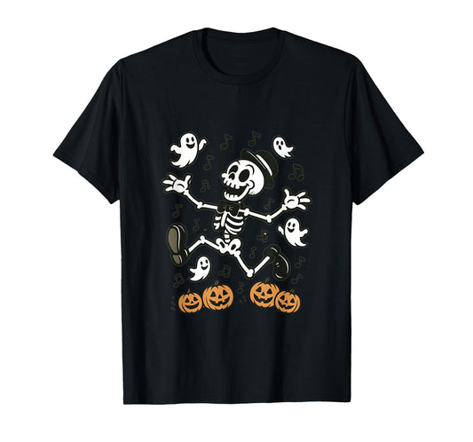 Dancing Skeleton with Pumpkins and Ghosts Halloween Design T-Shirt