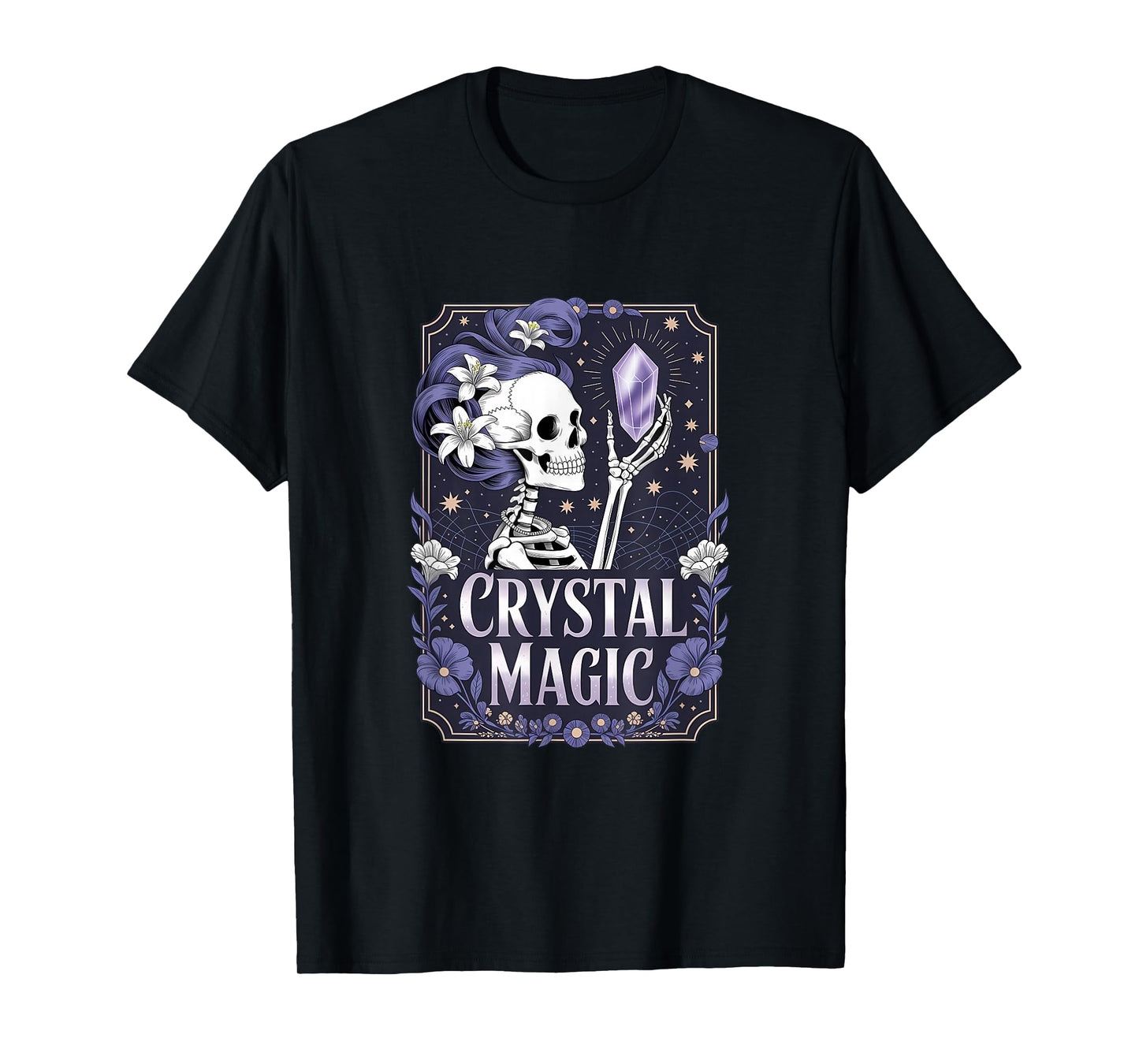 Tarot Crystal Magic Skeleton Floral Design T-Shirt