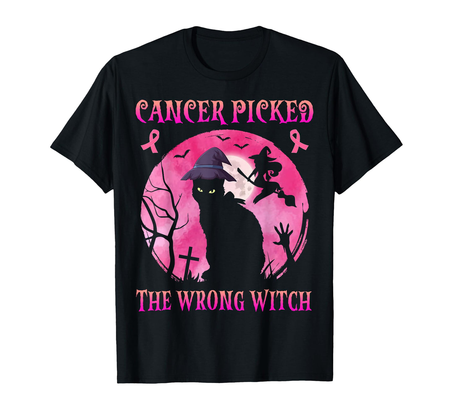 Cancer Picked The Wrong Witch Breast Cancer Halloween Cat T-Shirt