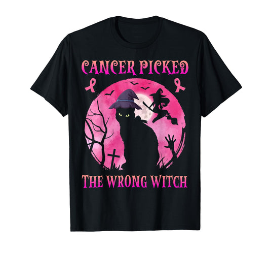 Cancer Picked The Wrong Witch Breast Cancer Halloween Cat T-Shirt