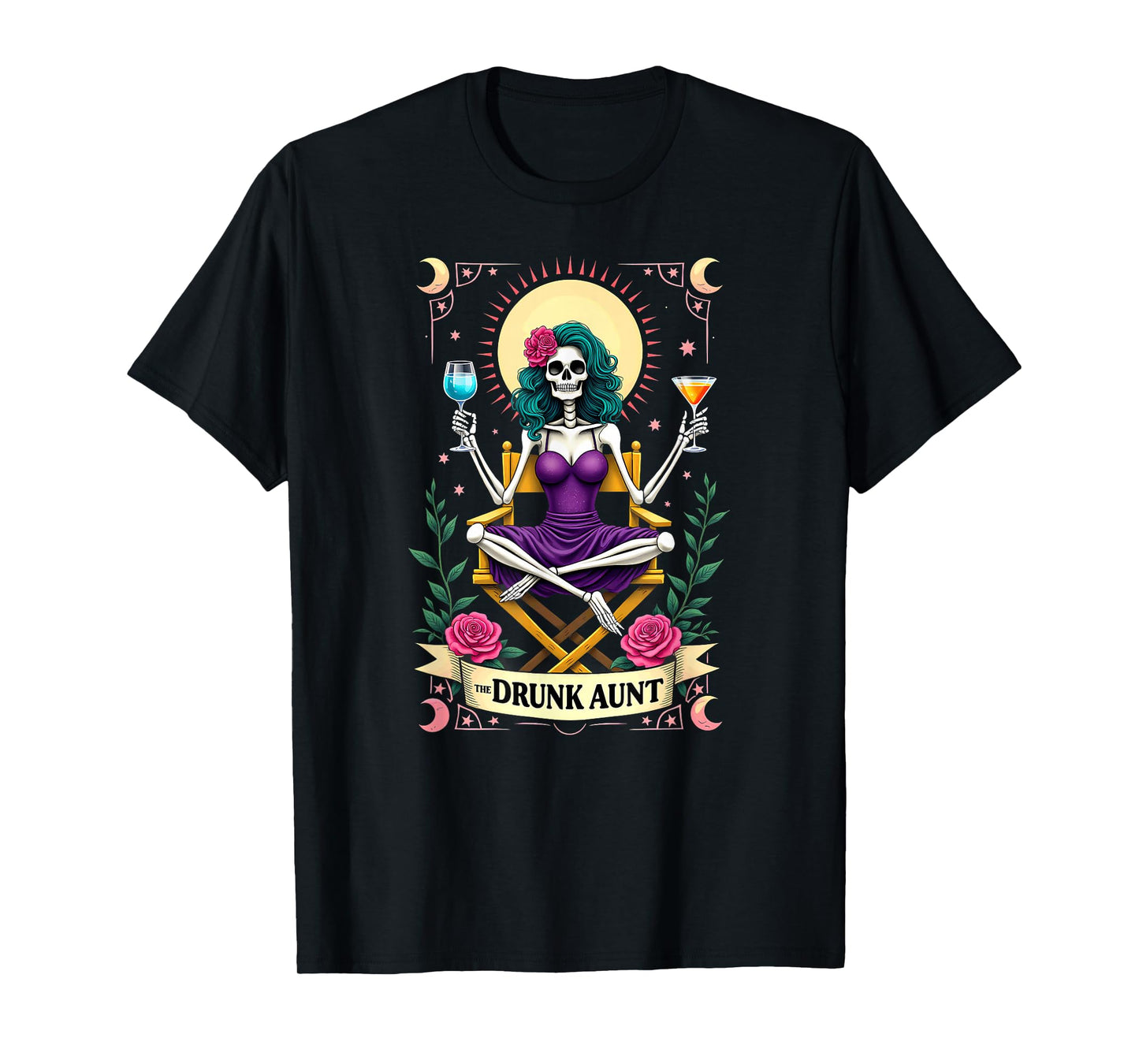 Gothic Tarot Card The Drunk Aunt Skeleton Halloween T-Shirt