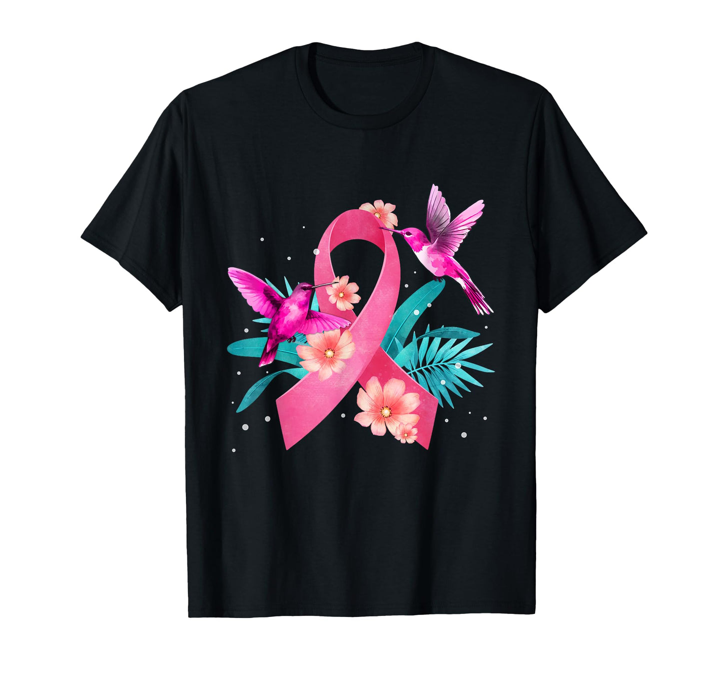 Hummingbird Breast Cancer Awareness Pink Ribbon Flowers T-Shirt