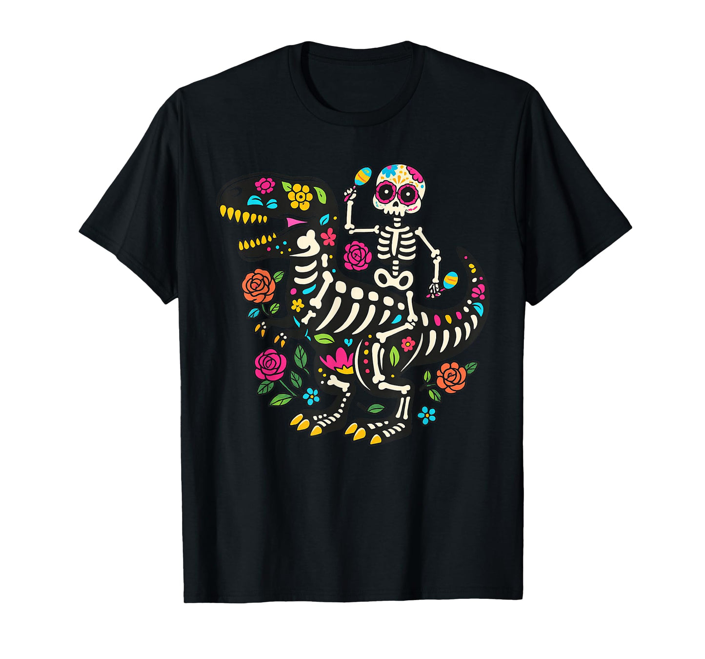 Mexican Dia De Los Muertos Skeleton Dinosaur Funny Halloween T-Shirt