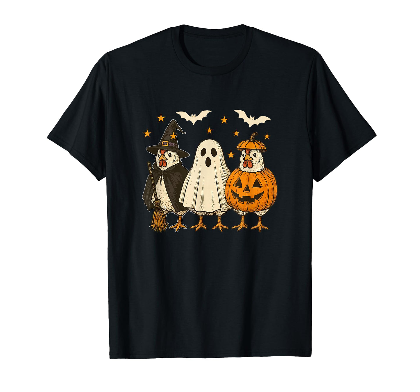 Three Halloween Chickens Cosplay Witch Boo Carved Pumpkin T-Shirt