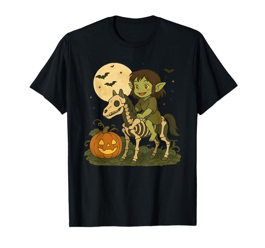 Dark Elf Goblin Troll Boy Riding Horse Skeleton Halloween T-Shirt