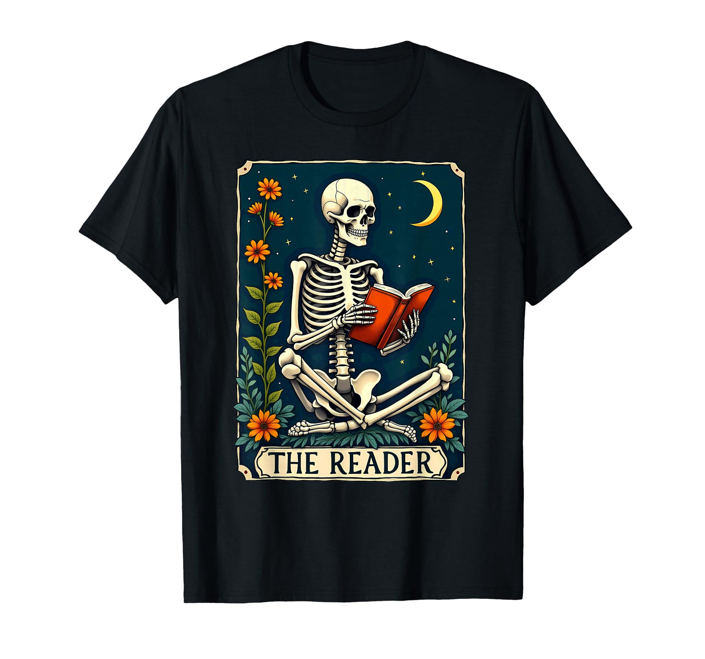 Floral Tarot Card The Reader Skeleton Bookworm Librarian T-Shirt