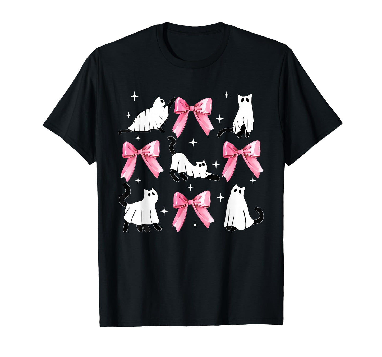 Halloween Ghost Cat Boo Costume Cute Pink Bow Coquette Kitty T-Shirt