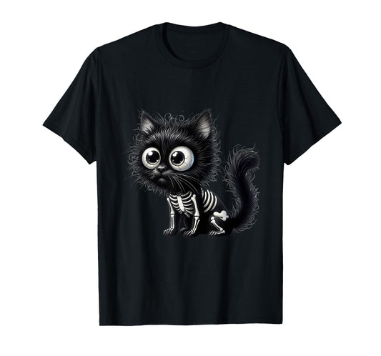 Cute cat Kitten Halloween Black Skeleton Cartoon T-Shirt