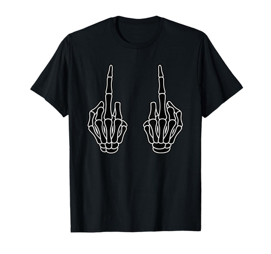 Double Skeleton Middle Finger, Edgy Halloween Dark Humor T-Shirt