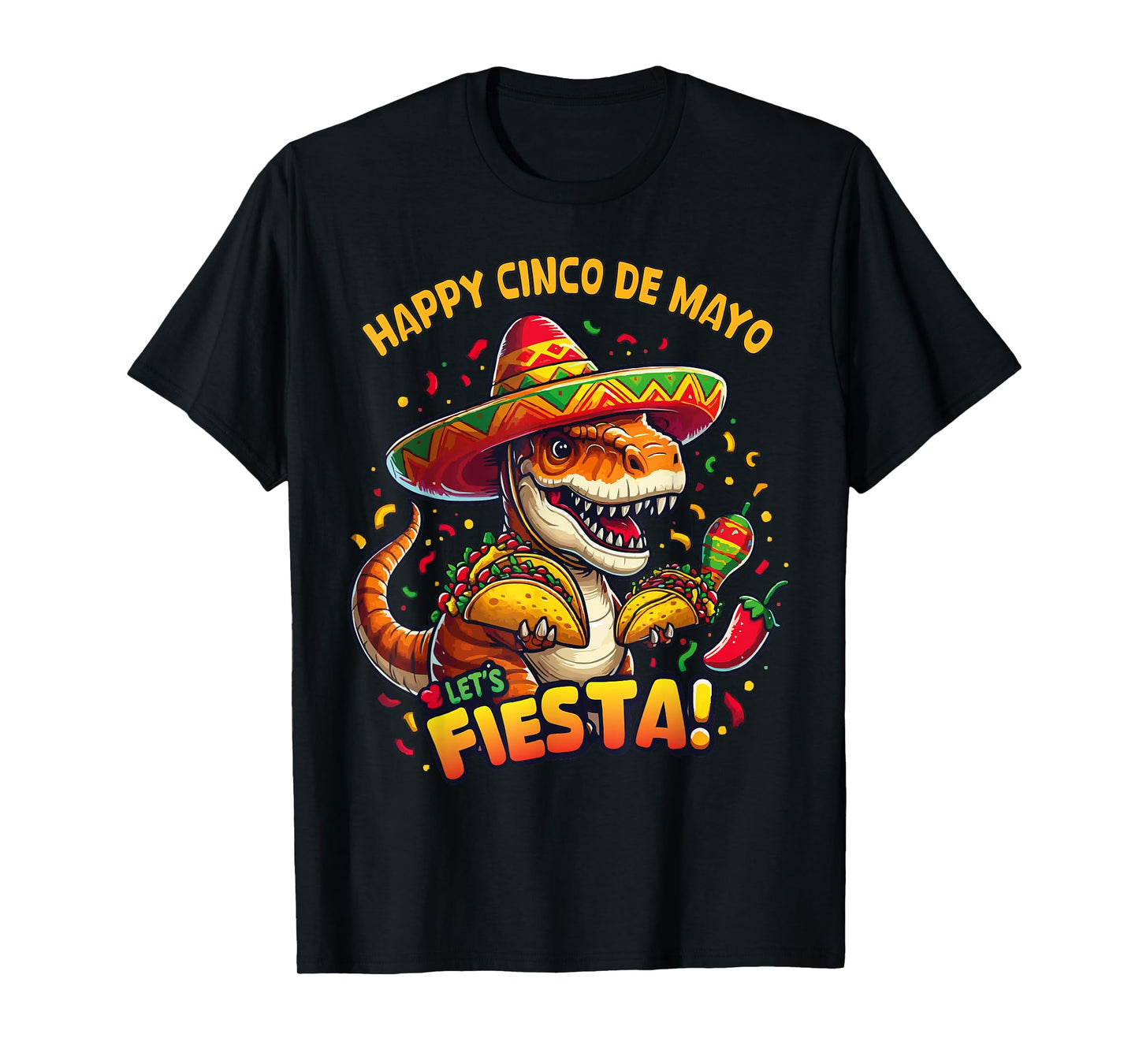 Cinco De Mayo Funny Dinosaur Holding Taco Let's Fiesta Party T-Shirt