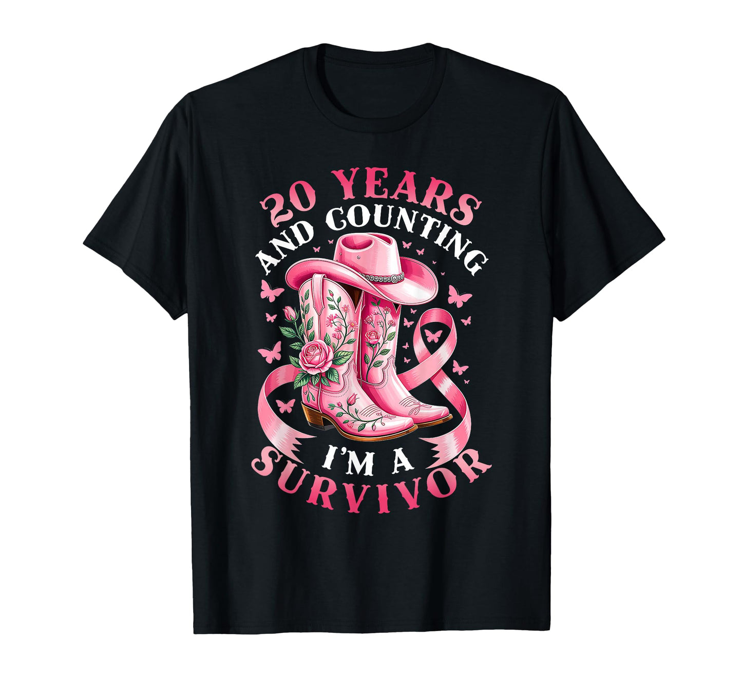 Breast Cancer 20 Years Survivor Pink Ribbon Cowgirl Gift T-Shirt