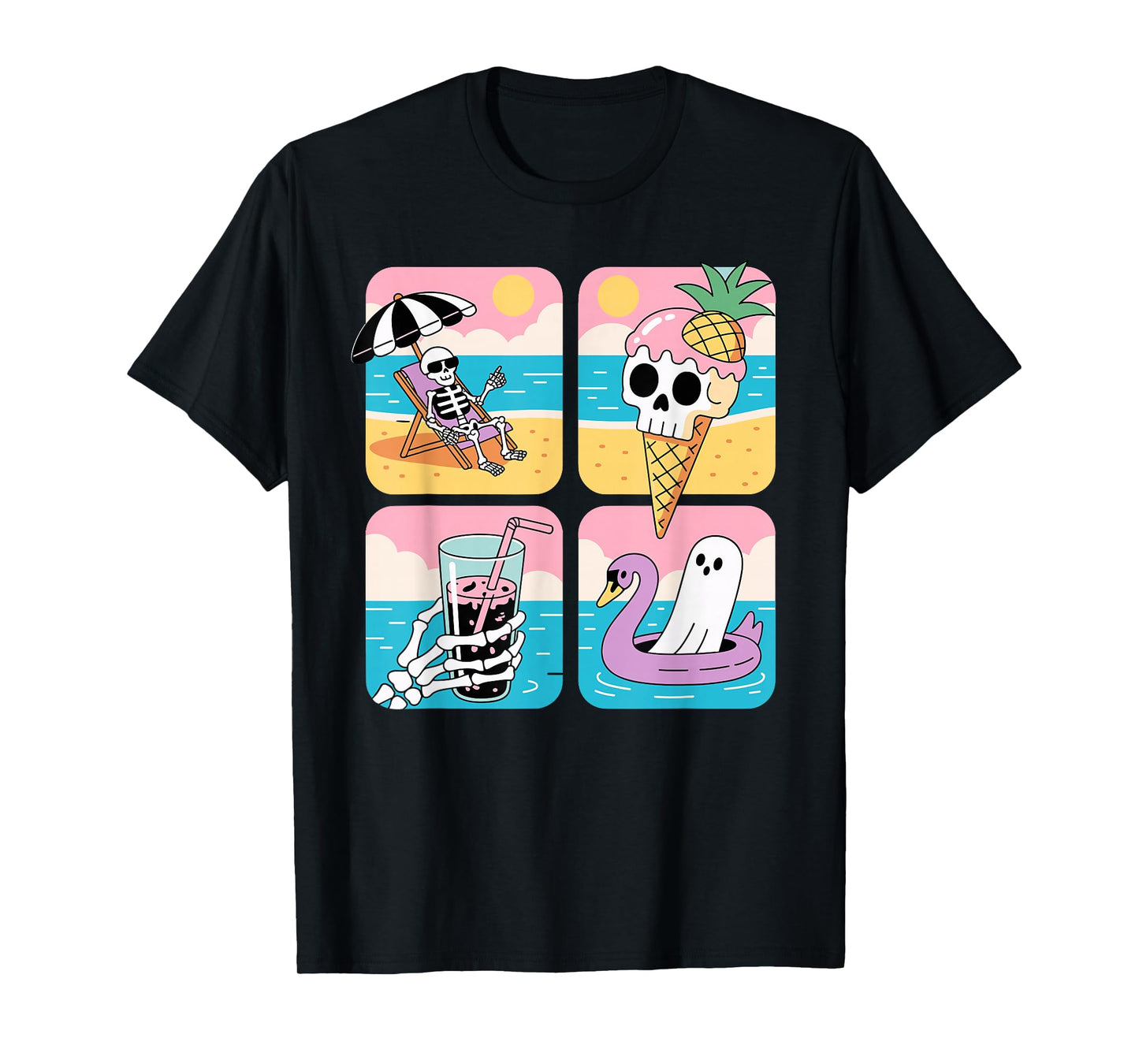 Skeleton and Ghosts Skull ice Cream Summer Halloween T-Shirt