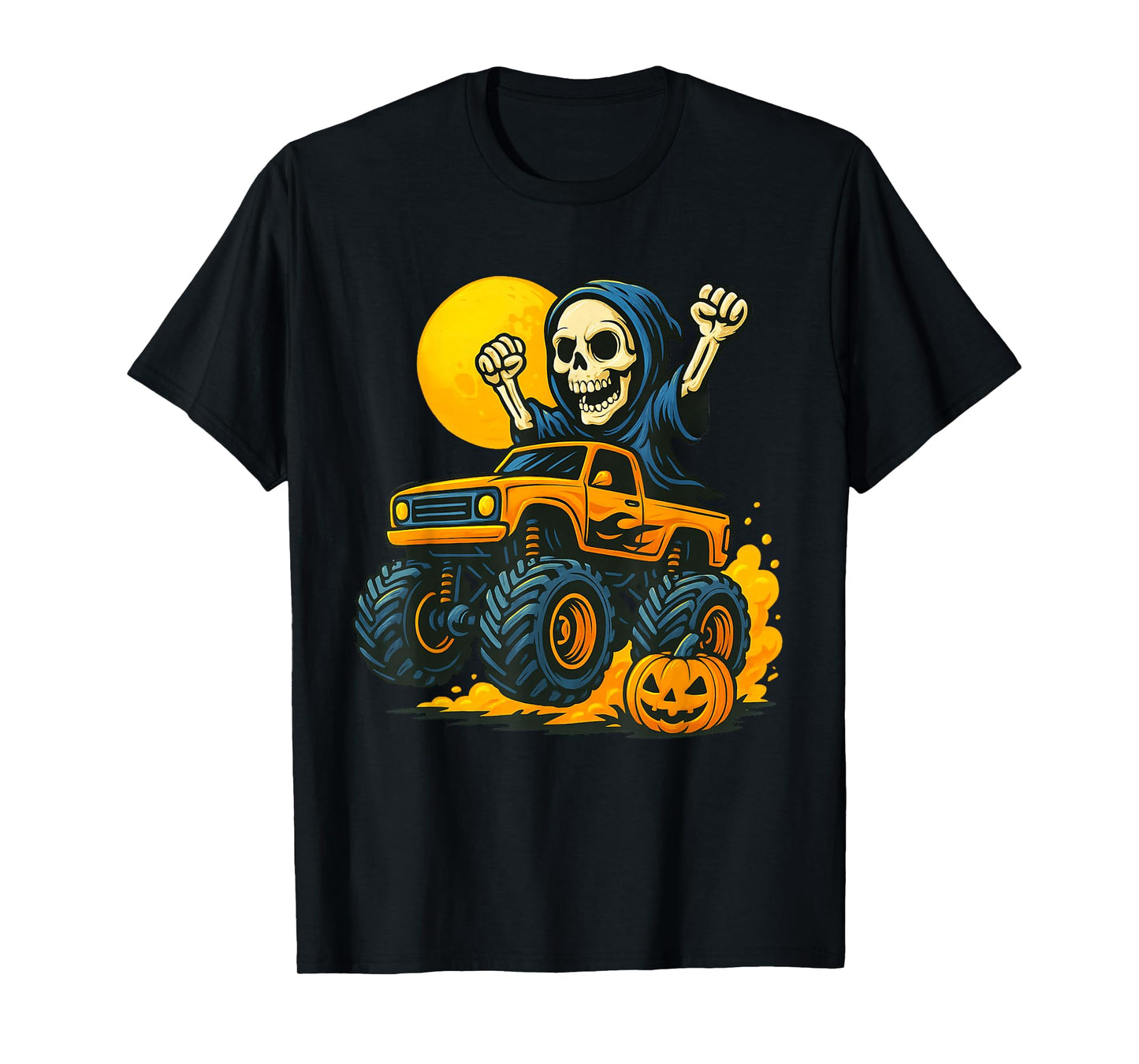 Grim Reaper Monster Truck Funny Halloween Skeleton Kids T-Shirt