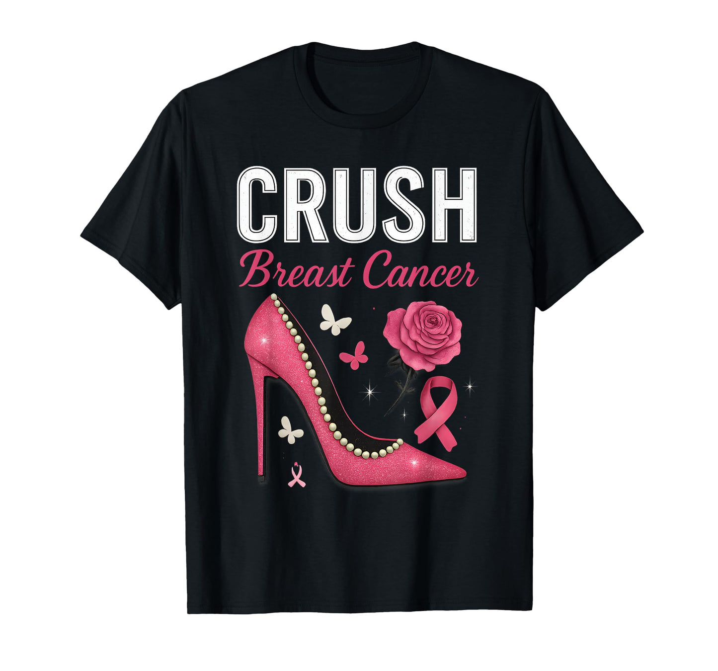 Bling Floral Pink Ribbon Crush Breast Cancer Awareness T-Shirt