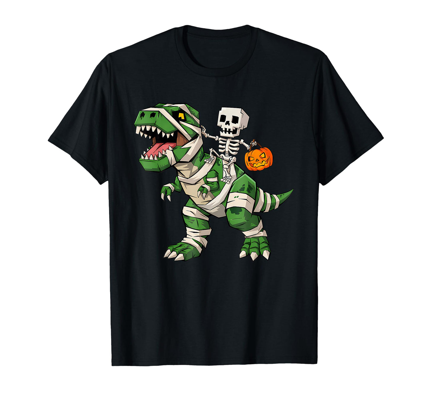 Skeleton Riding Mummy Dinosaur T Rex Kids Boys Men Halloween T-Shirt