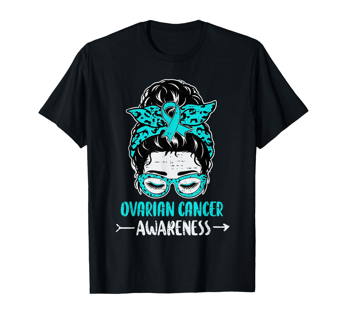 Ovarian Cancer Awareness Messy Bun Hair Ribbon Teal Womens T-Shirt