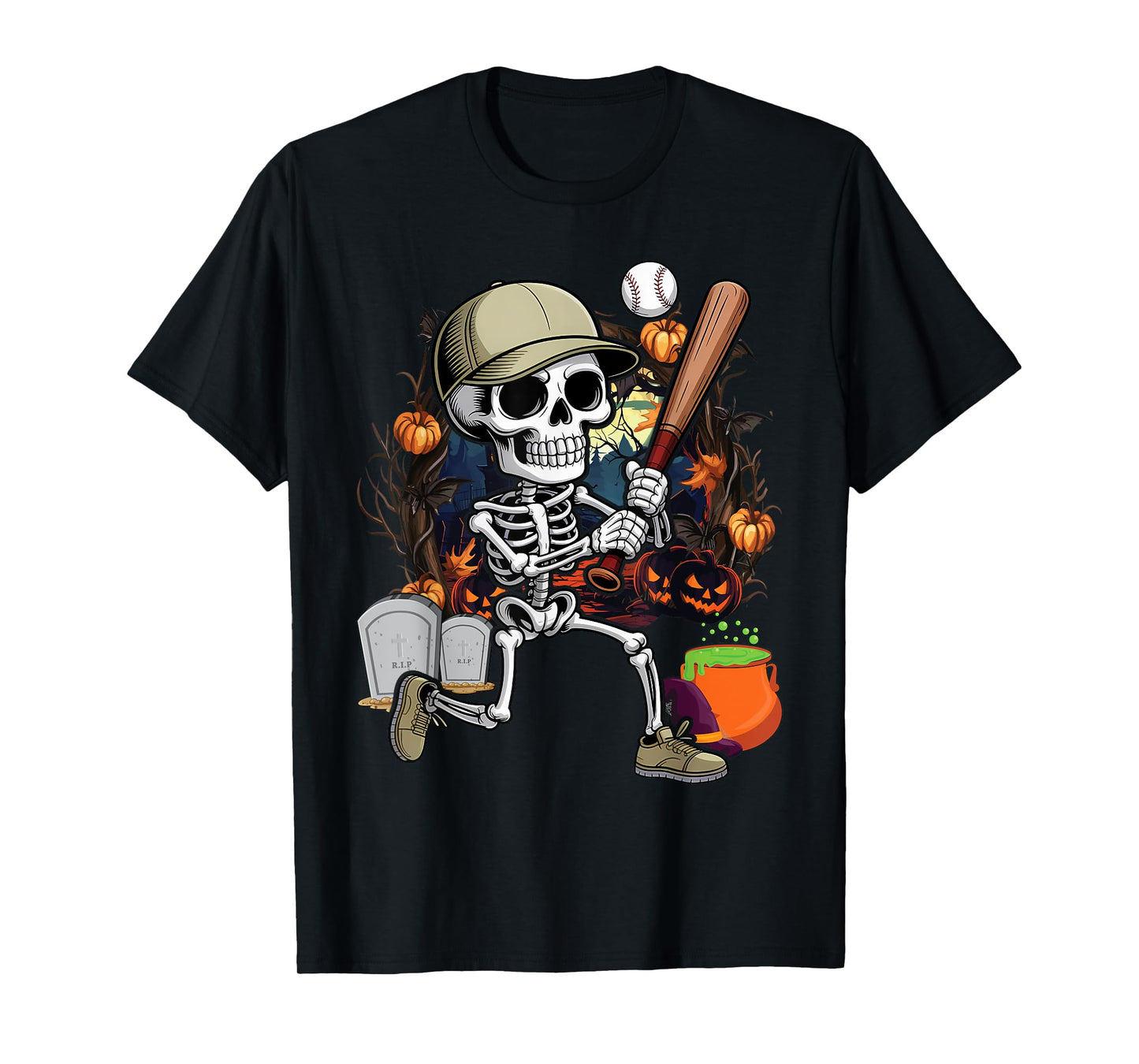 Skeleton Playing Baseball Halloween Skull Lover T-Shirt