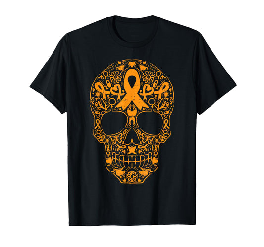 Sugar Skull Orange Ribbon Leukemia Cancer Awareness Mexican T-Shirt