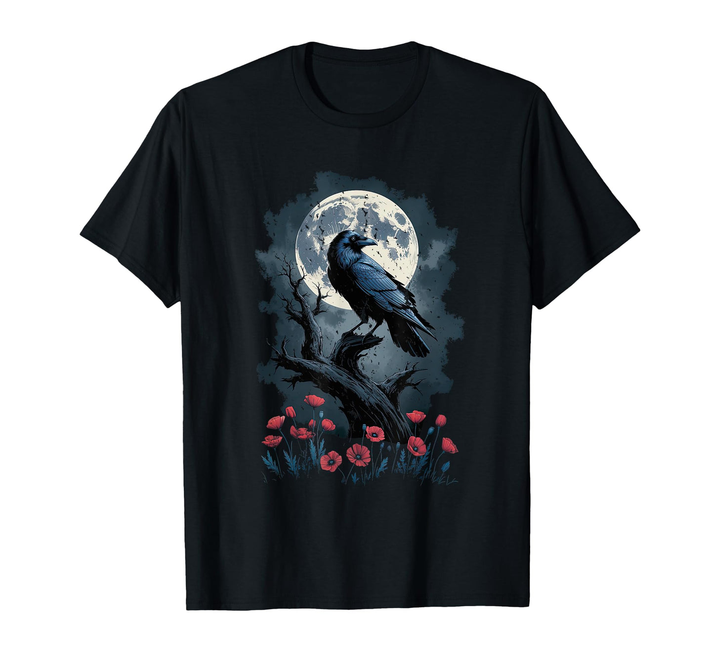Raven with Poppies Moon and Flowers Gothic Botanical Crow T-Shirt