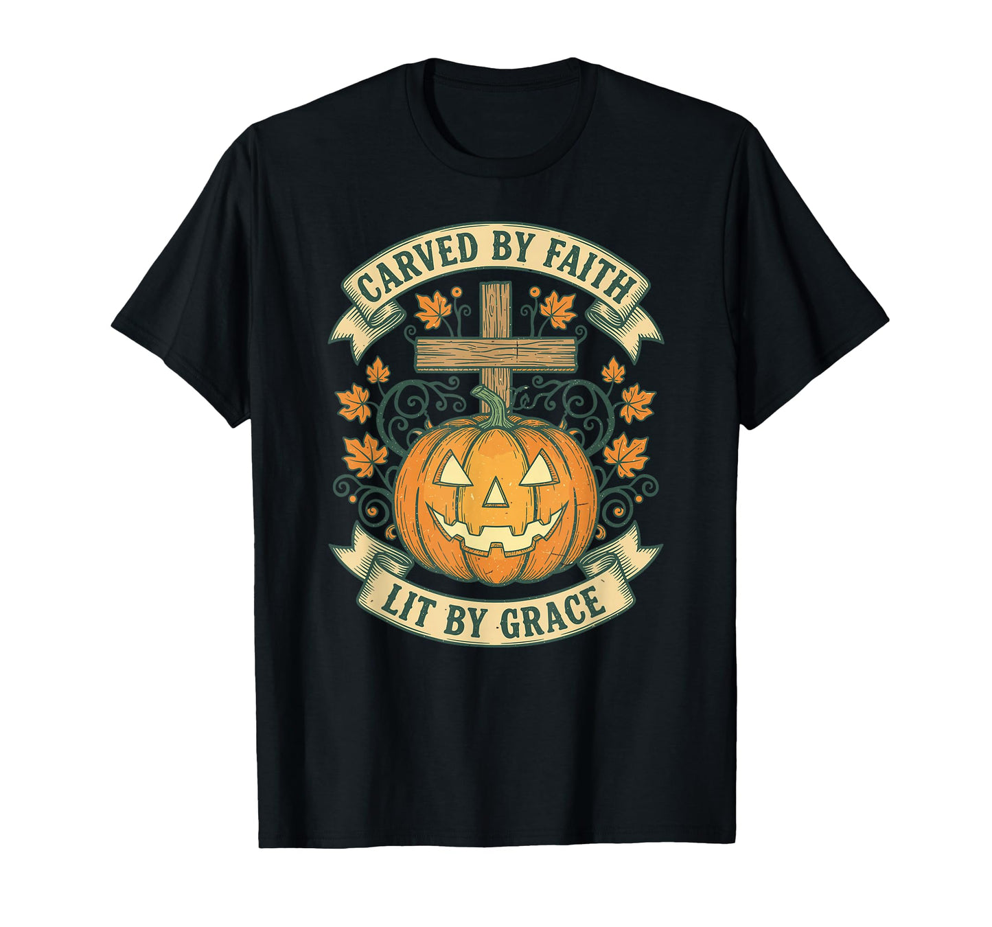 Carved by Faith Lit by Grace Vintage Pumpkin Cross Autumn T-Shirt