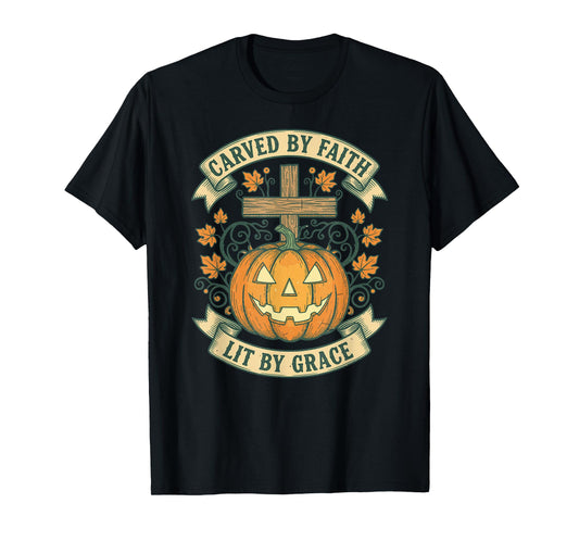 Carved by Faith Lit by Grace Vintage Pumpkin Cross Autumn T-Shirt