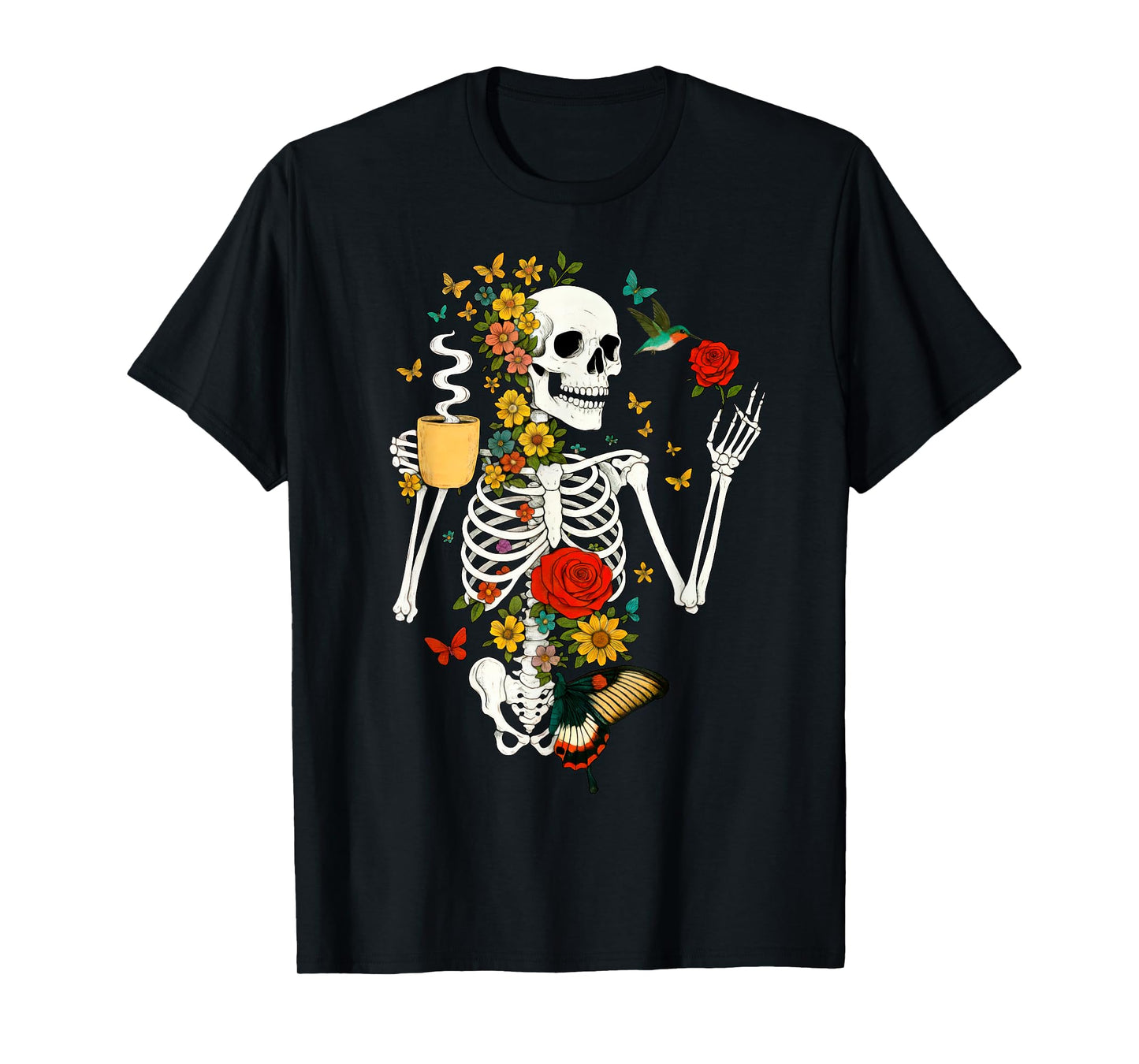 Cool Skeleton Plant Drinking Coffee for Women Halloween T-Shirt