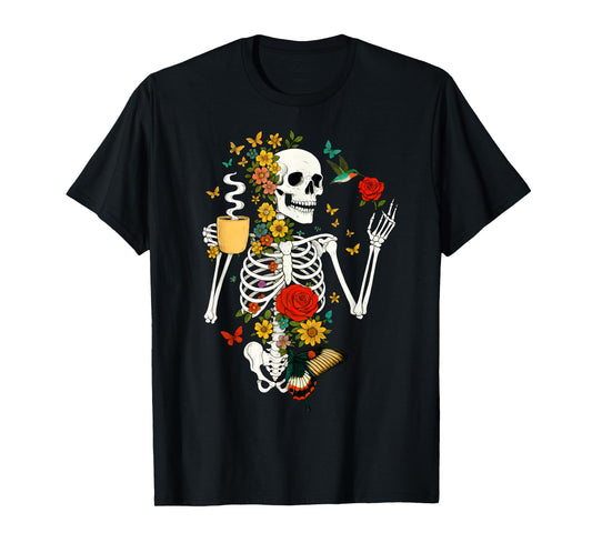 Cool Skeleton Plant Drinking Coffee for Women Halloween T-Shirt
