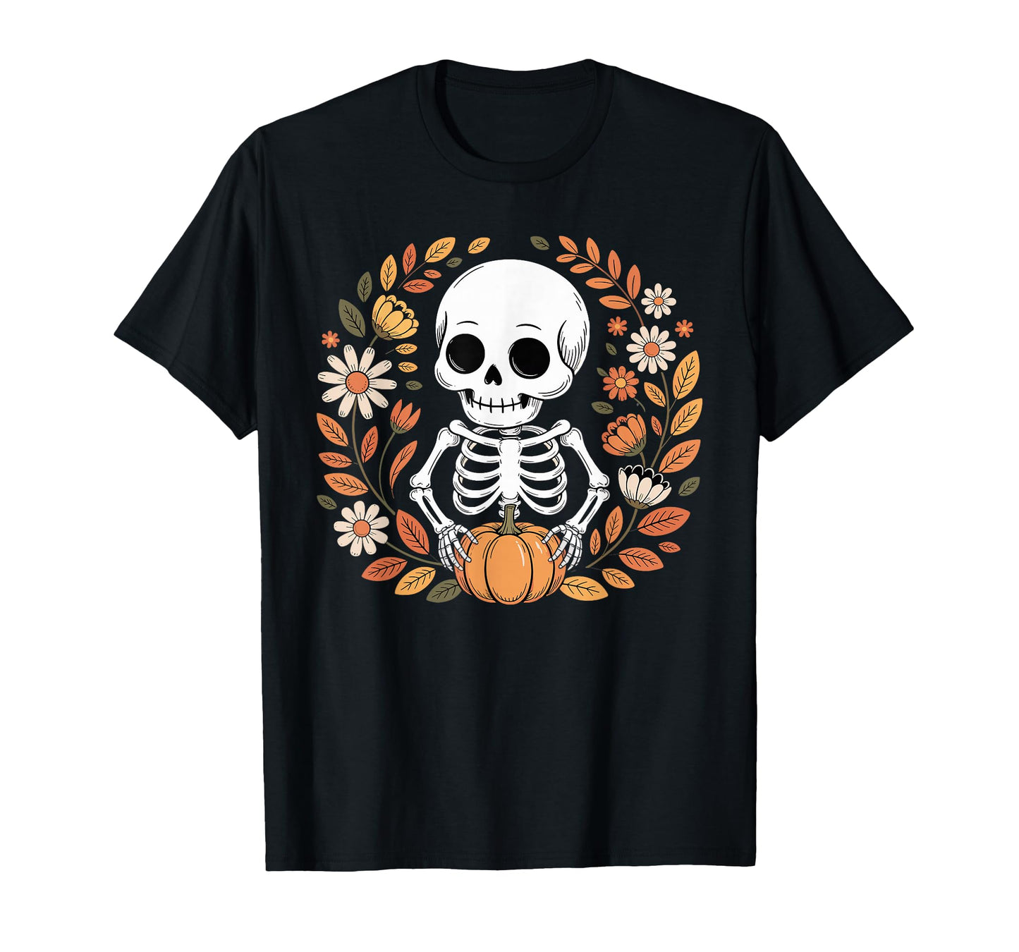 Halloween Fall Autumn Skeleton Floral Pumpkin T-Shirt