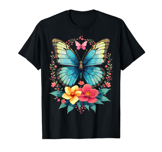 Beautiful Blue Butterfly with Flowers Aesthetic Nature T-Shirt