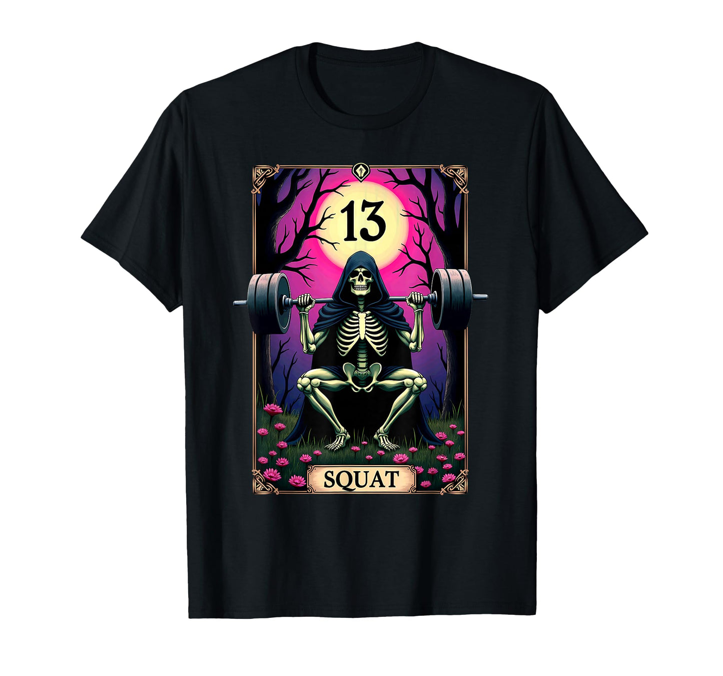 Gothic Tarot Card Skeleton Squat Weightlifting T-Shirt