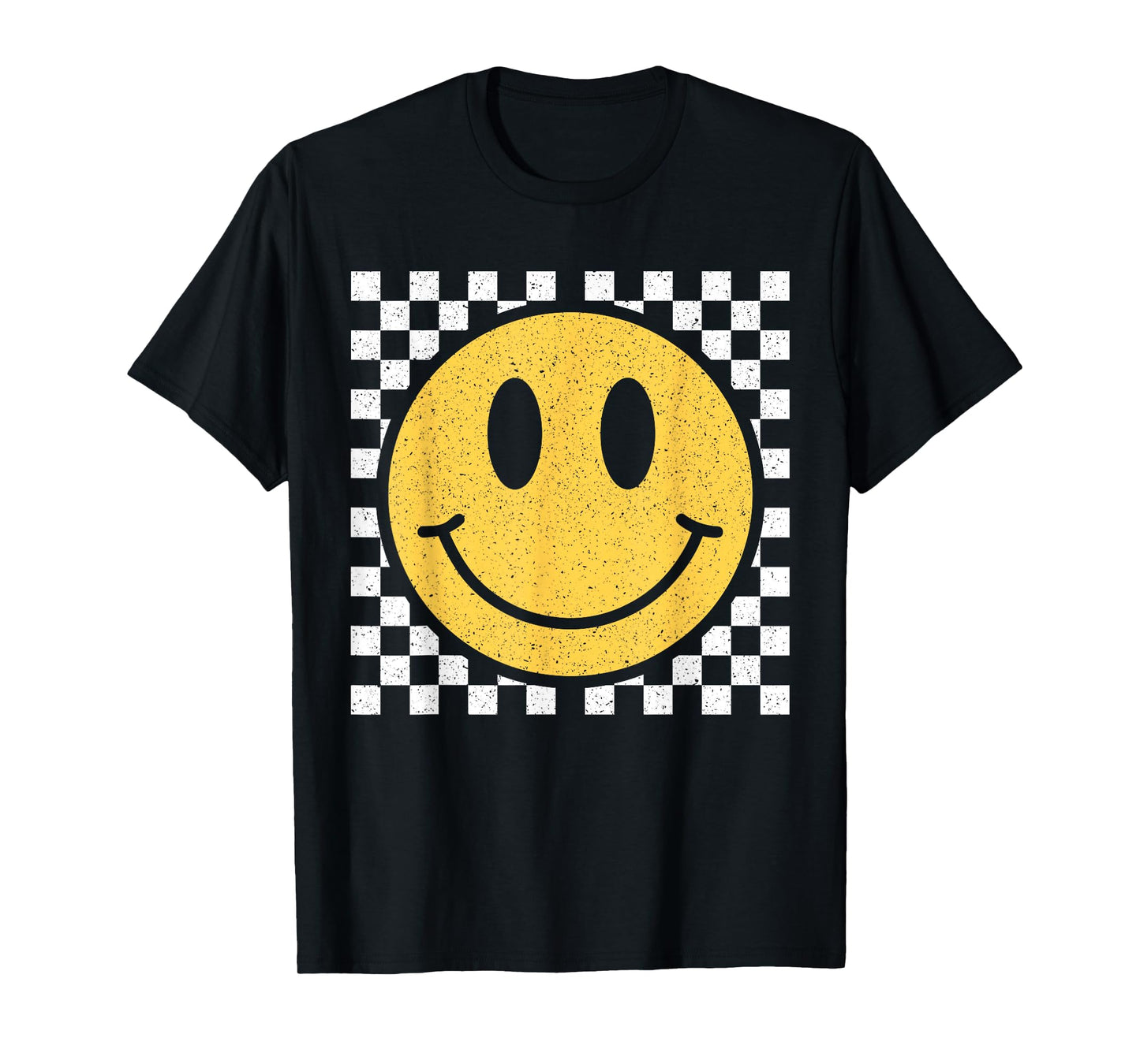 Retro Yellow Happy Face Checkered Pattern Smile Face Trendy T-Shirt