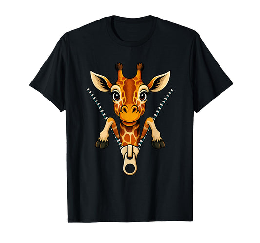 Cute Giraffe Emerging from A Zipper Funny Wild Animal Jungle T-Shirt
