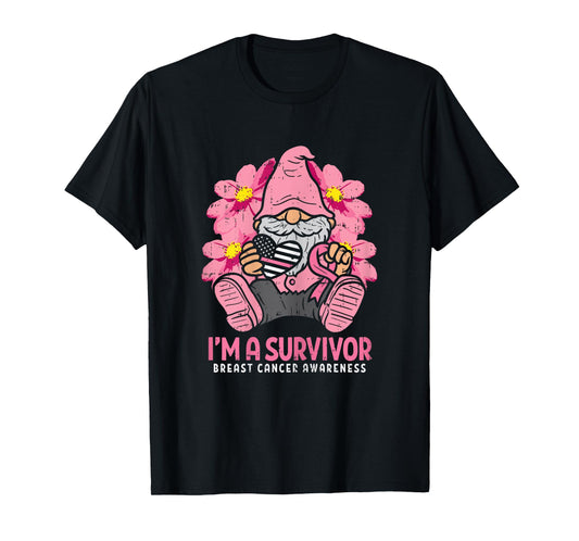Breast Cancer Survivor Pink Ribbon Gnome US Flag Heart Gift T-Shirt