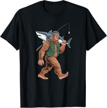 Bigfoot Fisherman Shirt - Funny Sasquatch With Shark T-Shirt