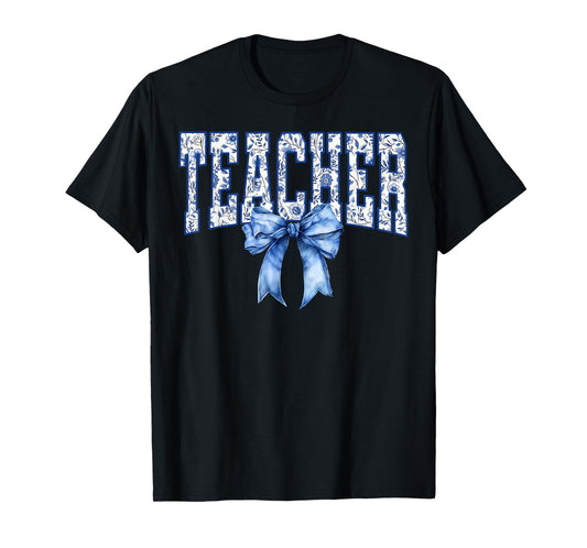 Cute Teacher Blue Coquette Bow Teacher Appreciation Womens T-Shirt