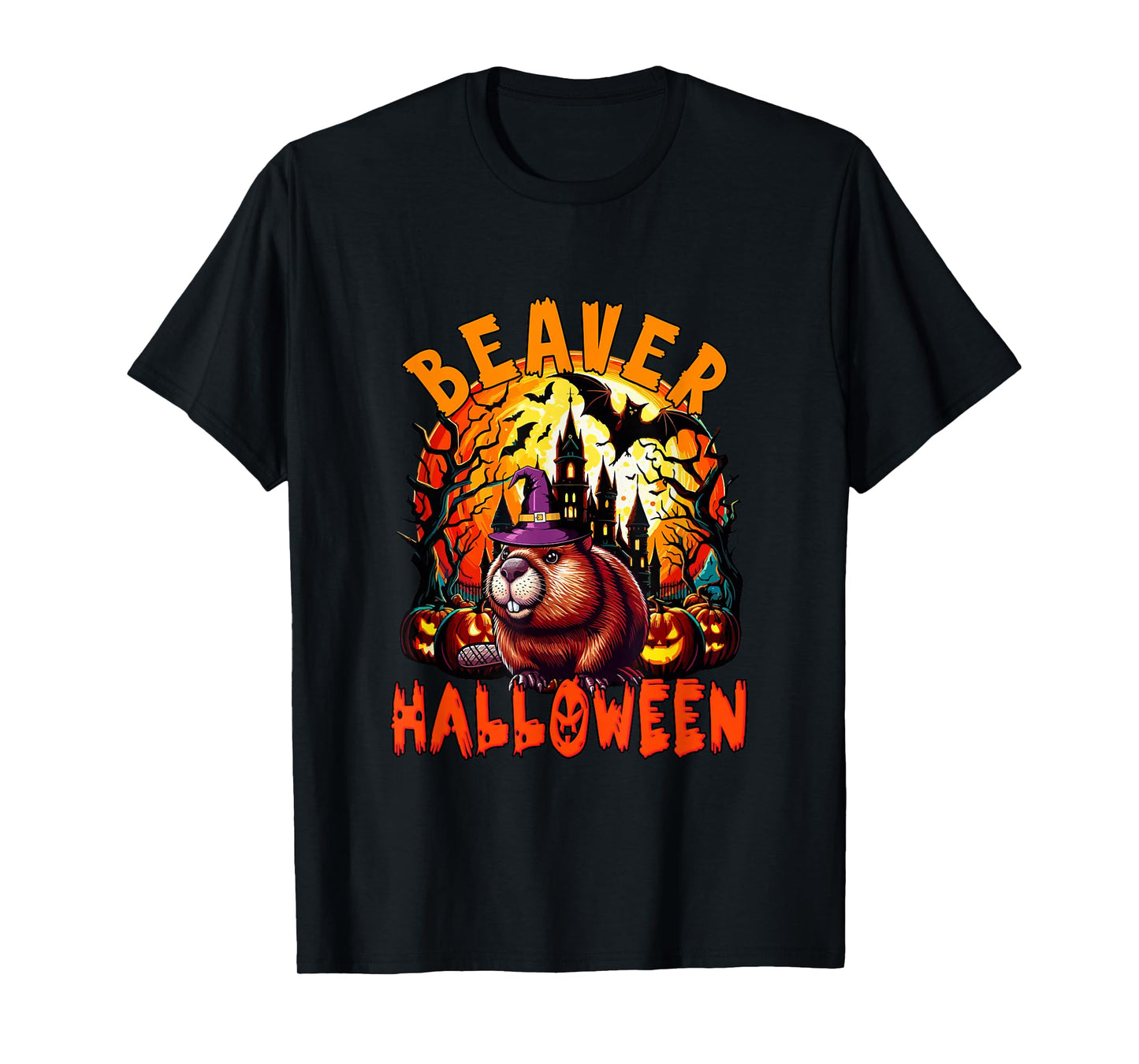 Beaver Halloween Cosplay Witch Horror Carved Pumpkins T-Shirt