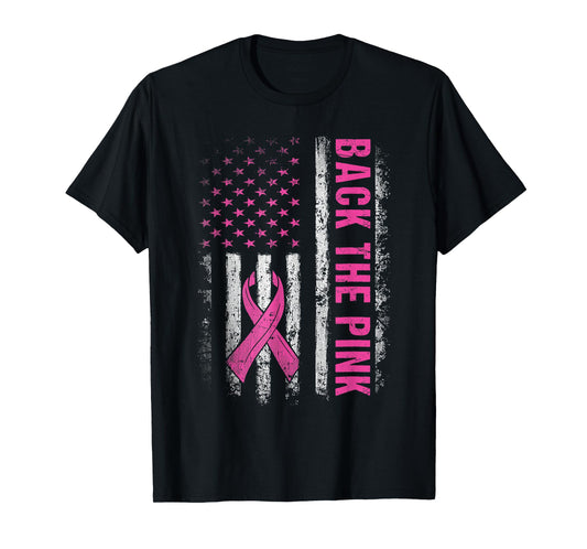 Back The Pink Ribbon American Flag Breast Cancer Awareness T-Shirt
