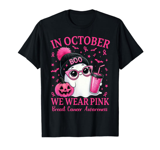 in October We Wear Pink Breast Cancer Awareness Halloween T-Shirt