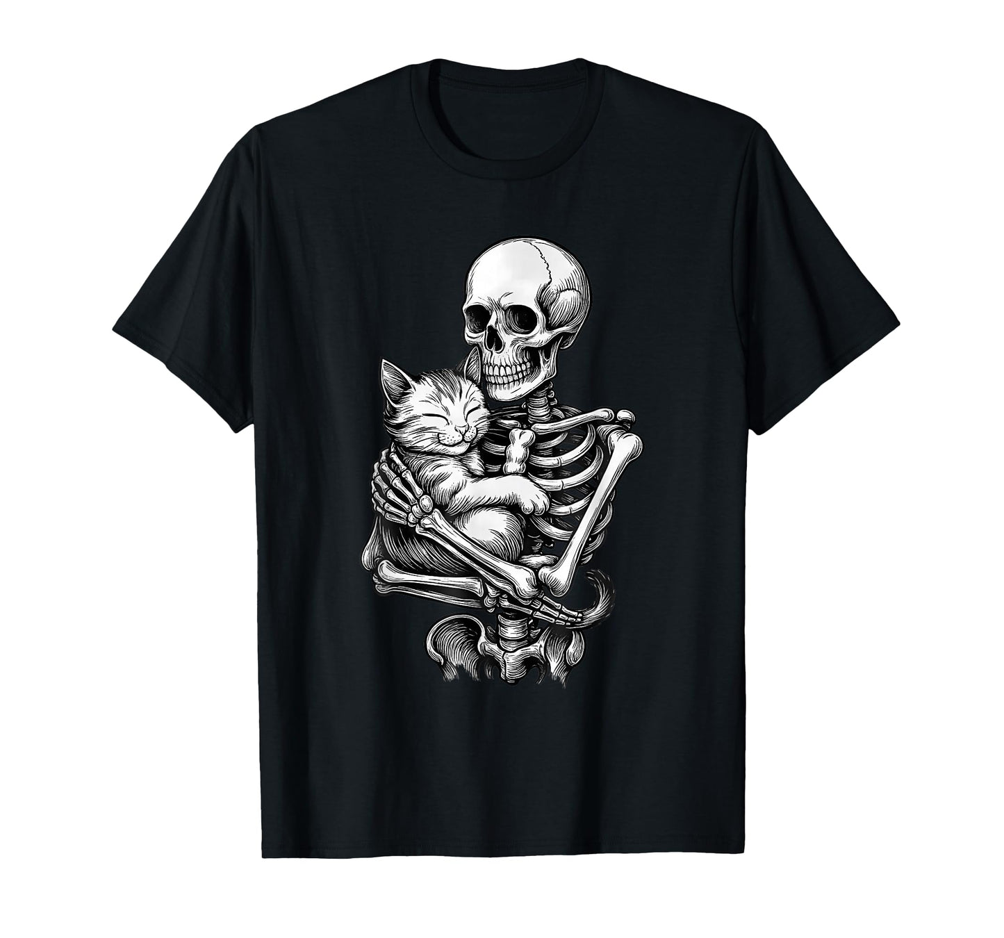 Skeleton Hugging Cat Halloween Cat Lover Cat Mom Dad T-Shirt