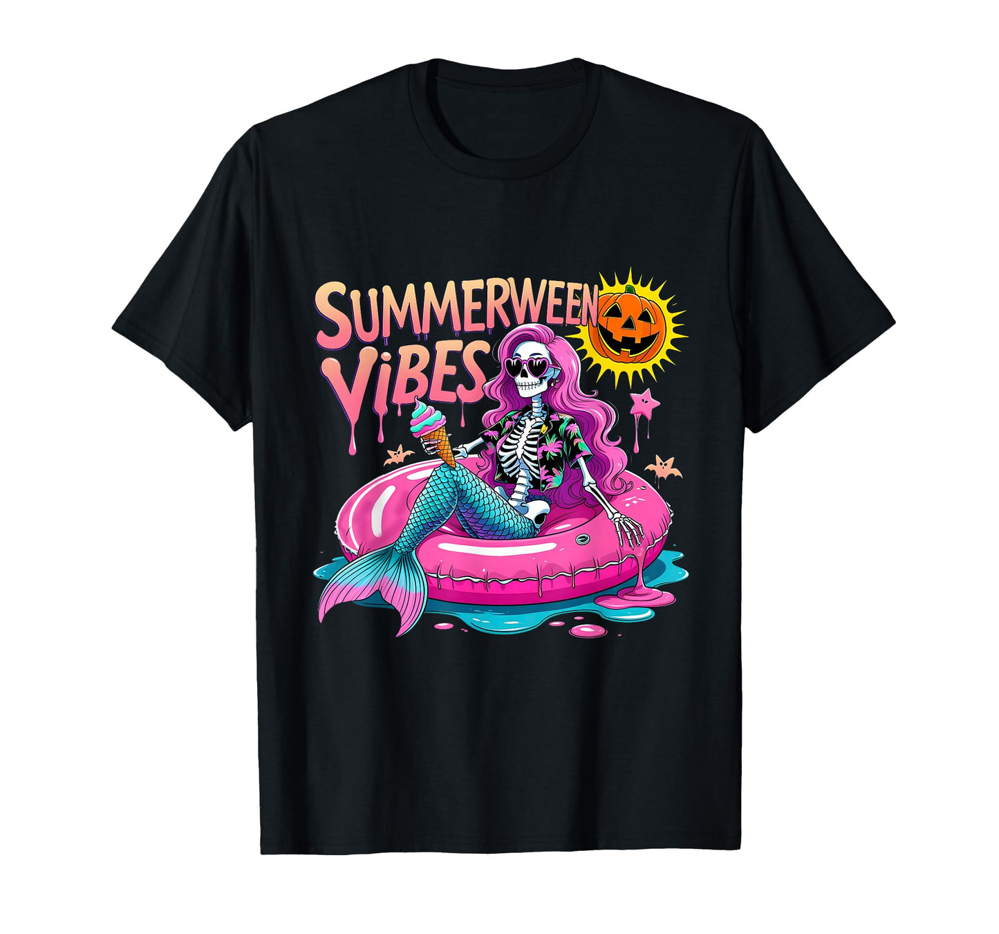 Spooky Summerween Skeleton Pool Float Design T-Shirt