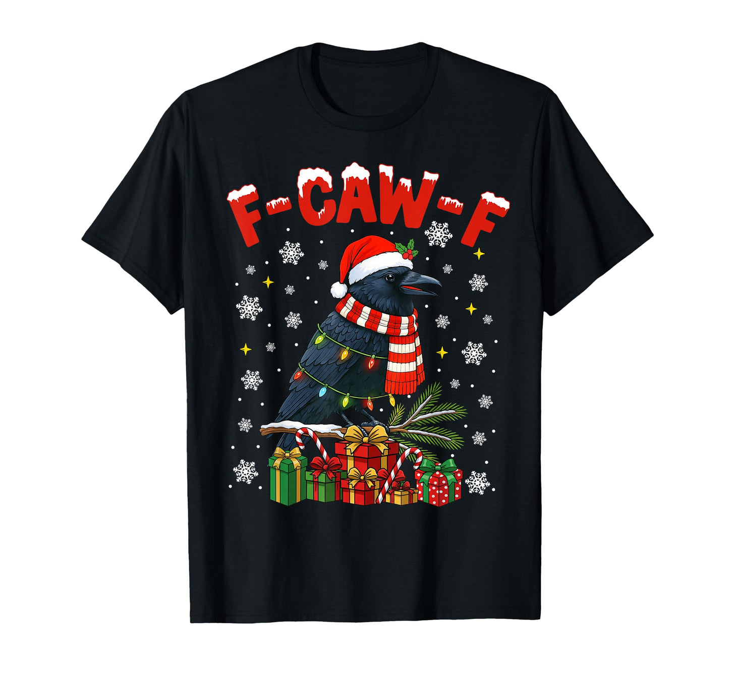 Black Crow F-Caw-F Funny Retro Christmas Lights Santa Hat T-Shirt
