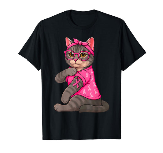 Cute Funny Cat Tattoo Pink Breast Cancer Awareness Men Women T-Shirt