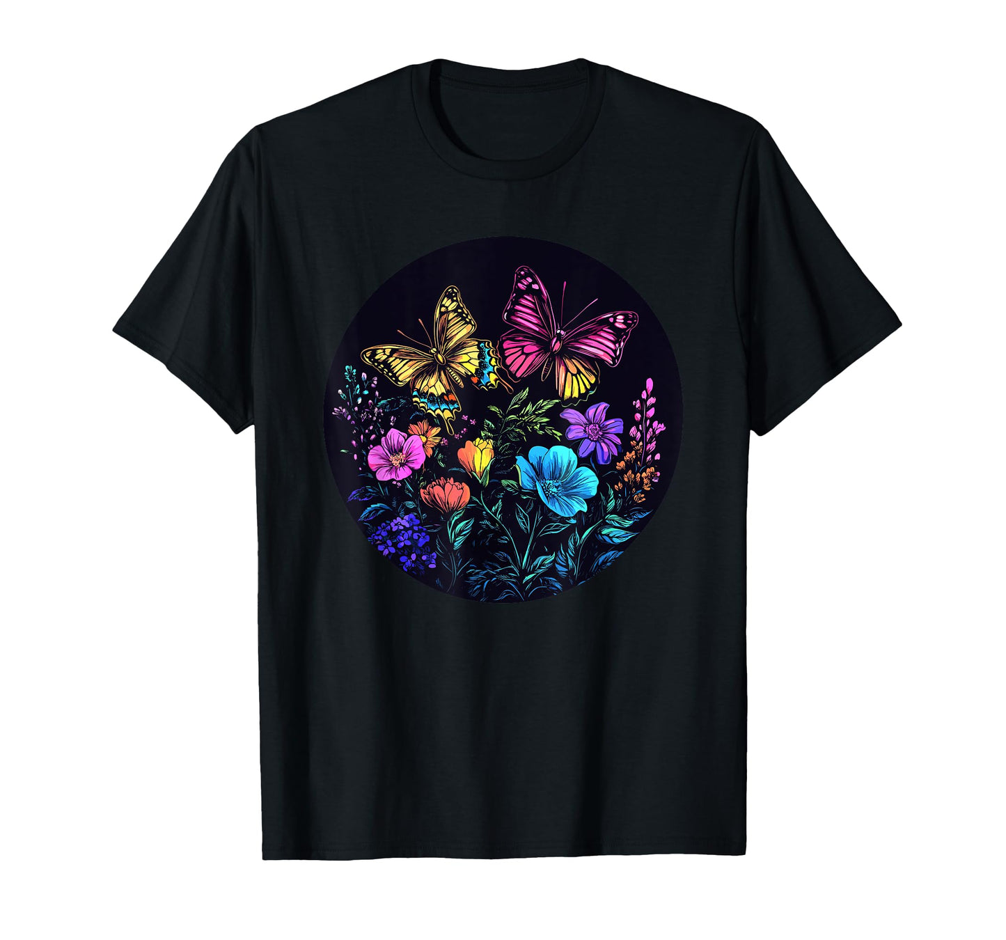 Vibrant Butterflies Over Rainbow Flowers T-Shirt
