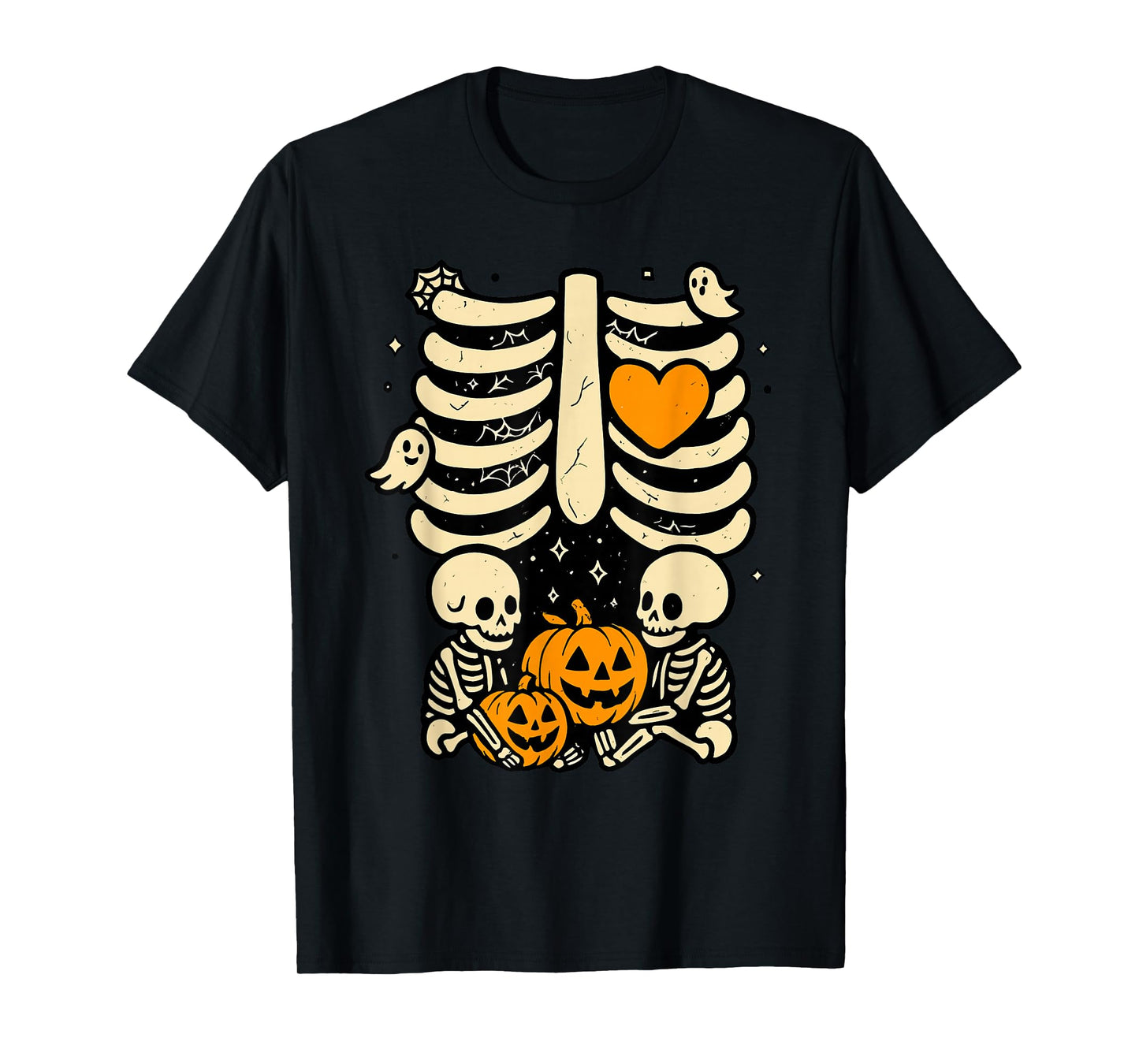 Pregnant Skeleton Twin Pregnancy Baby Announcement Pumpkin T-Shirt